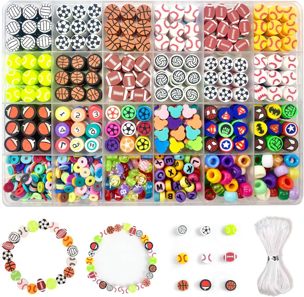 1000PCS Polymer Clay Beads Kit for DIY Bracelets - 24 Fun Sports-Themed Styles