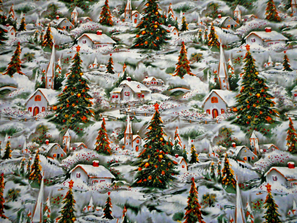 Christmas Fabric Short Yard Snowy Mountain Village Green Trees Night Cotton #19