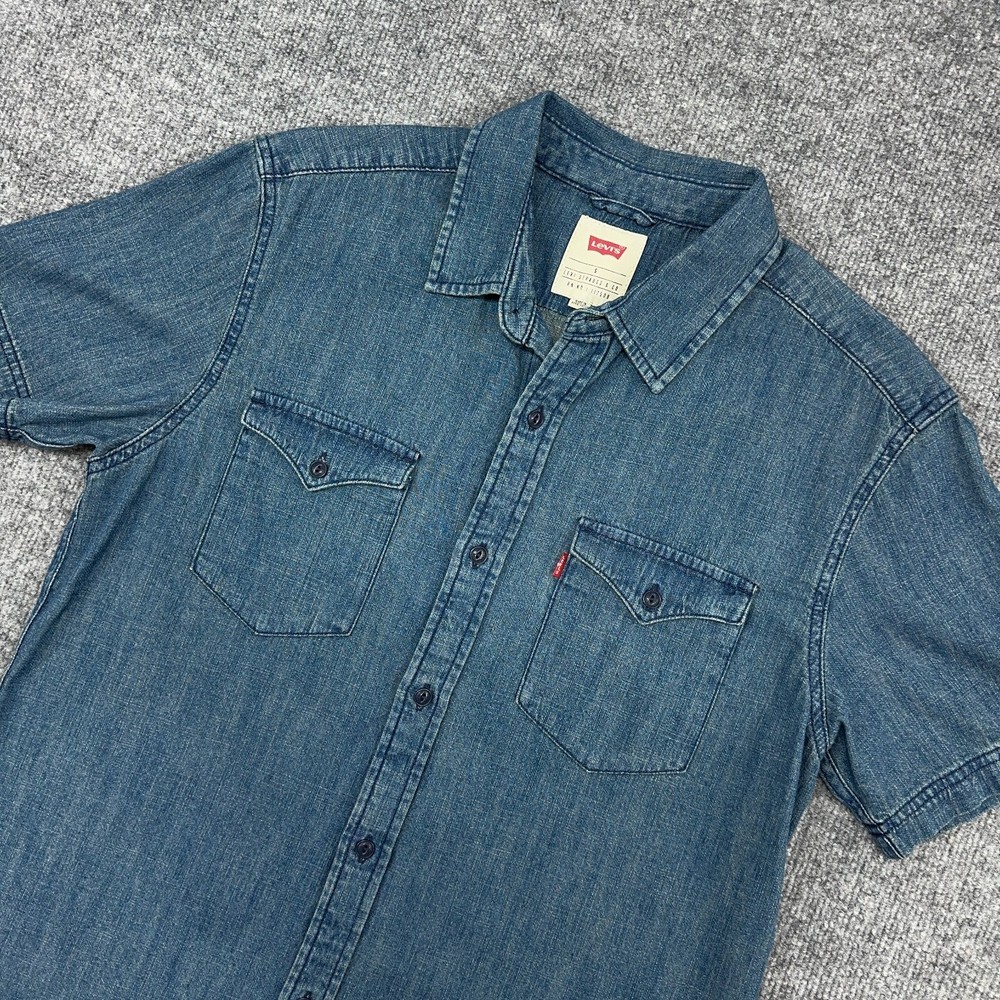 Levis Shirt Mens S Blue Med Wash Denim Western Short Sleeve Button Up Red Tab