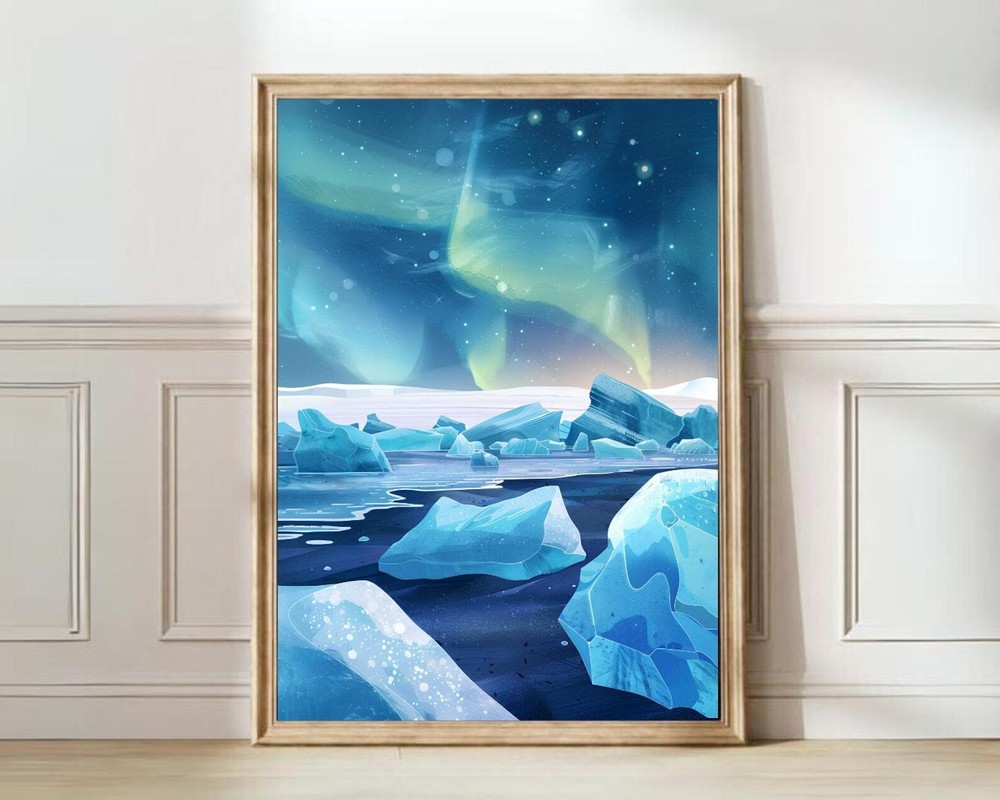 Iceland Print Iceland Illustration Iceland Painting Aurora Borealis Print