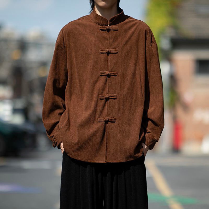 Retro Chinese Style Mens Corduroy Loose Casual Shirts Long Sleeve Coats Blouse