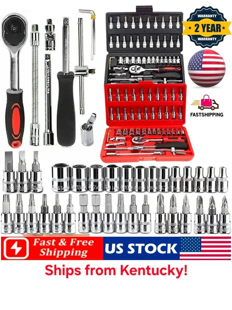 46 Piece Socket Ratchet Wrench Set with Screwdriver. Multipurpose Repair Toolkit