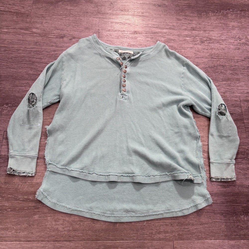 We The Free Womens Medium Blue Thermal Knit Henley Bohemian Tunic Sweater Top