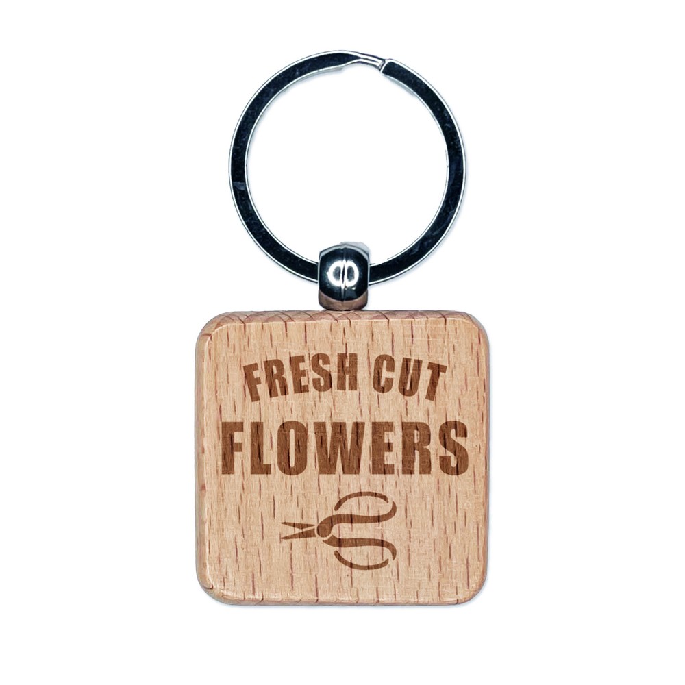 Fresh Cut Flowers Engraved Wood Square Keychain Tag Charm
