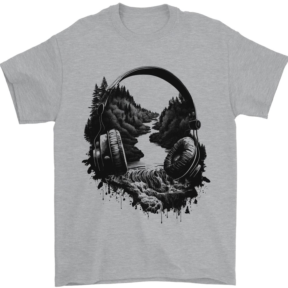 Headphones & Nature Music Trekking Hiking Mens T-Shirt 100% Cotton
