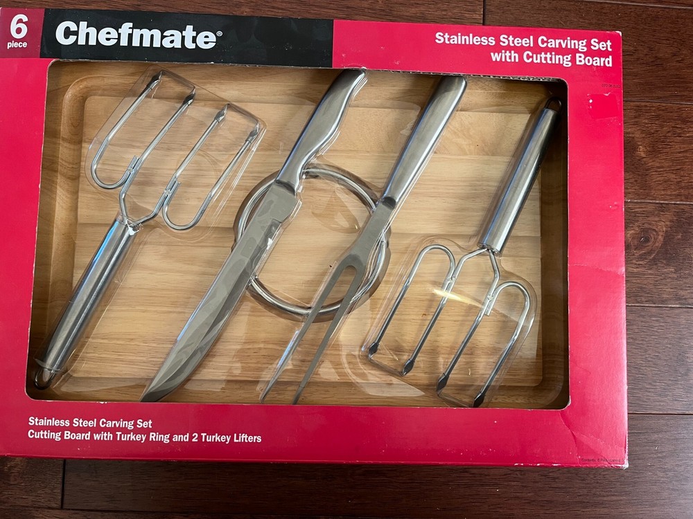 Stainless 6 pc carving set cutting board knife & Fork turkey ring, Gift Quality