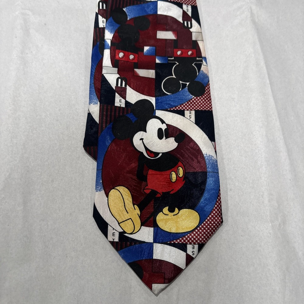 Walt Disney Necktie Red & Blue Mickey Mouse Made In Made In Italy 58” Long