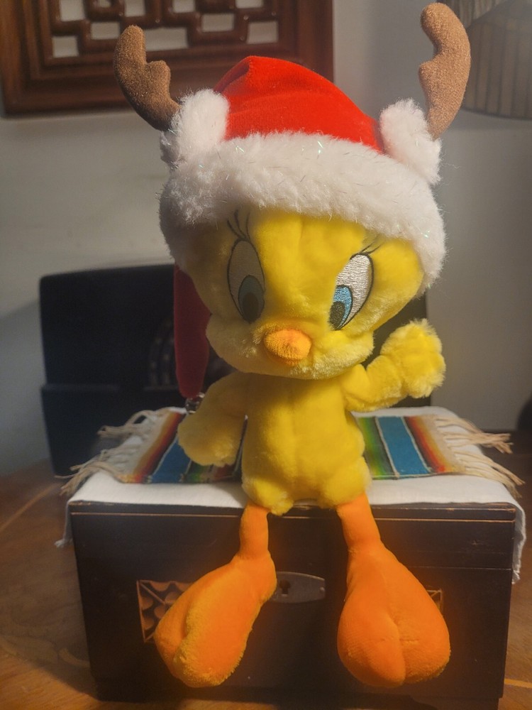 Looney Tunes Hallmark Santa's Wittle Helper Tweety Bird With Reindeer Santa Hat
