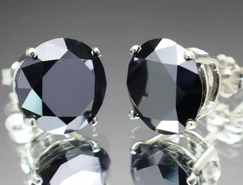 Certified 10 Ct Round Cut Natural Black Diamond Studs Earring In 925 Silver!
