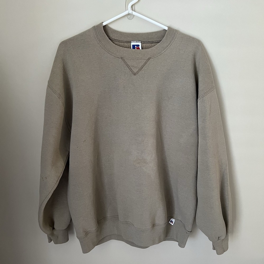 VTG 90s Russell Athletic Blank Crewneck Sweatshirt Sz XL Tan Made USA Logo Flaws
