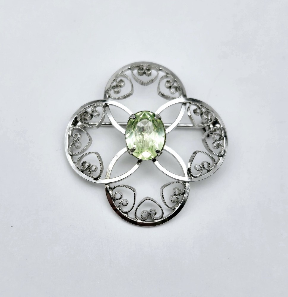 Vintage Sterling Silver Celtic Hearts Victorian Peridot Modernist Pin Brooch