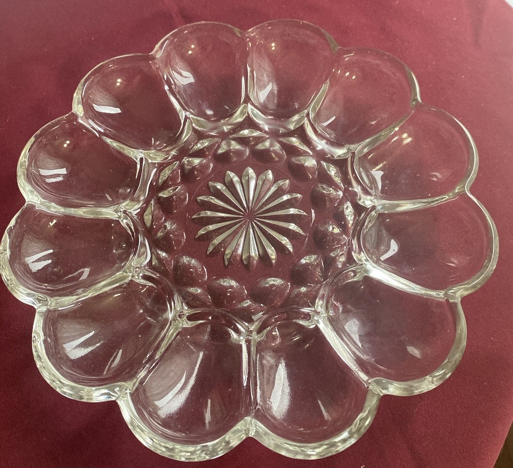 Vintage Anchor Hocking Clear Glass 10” Deviled Egg Serving Dish Plate Platter