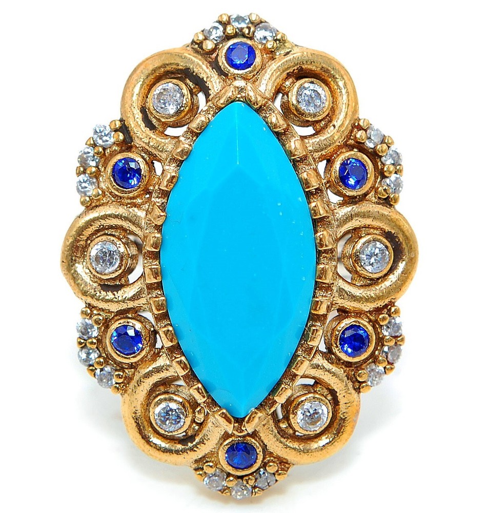 Turquoise Topaz Ottoman Style Sterling Silver Ring Size 9.5  