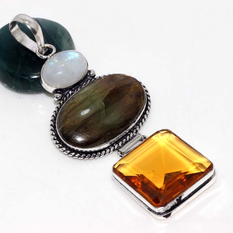 Fiery Labradorite Citrine 925 Silver Plated 3 Inch Pendant Aesthetic Jewelry JW