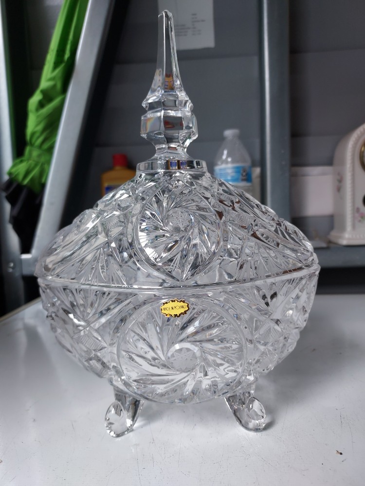 Vintage 10in Polish crystal footed candy dish 7in wide