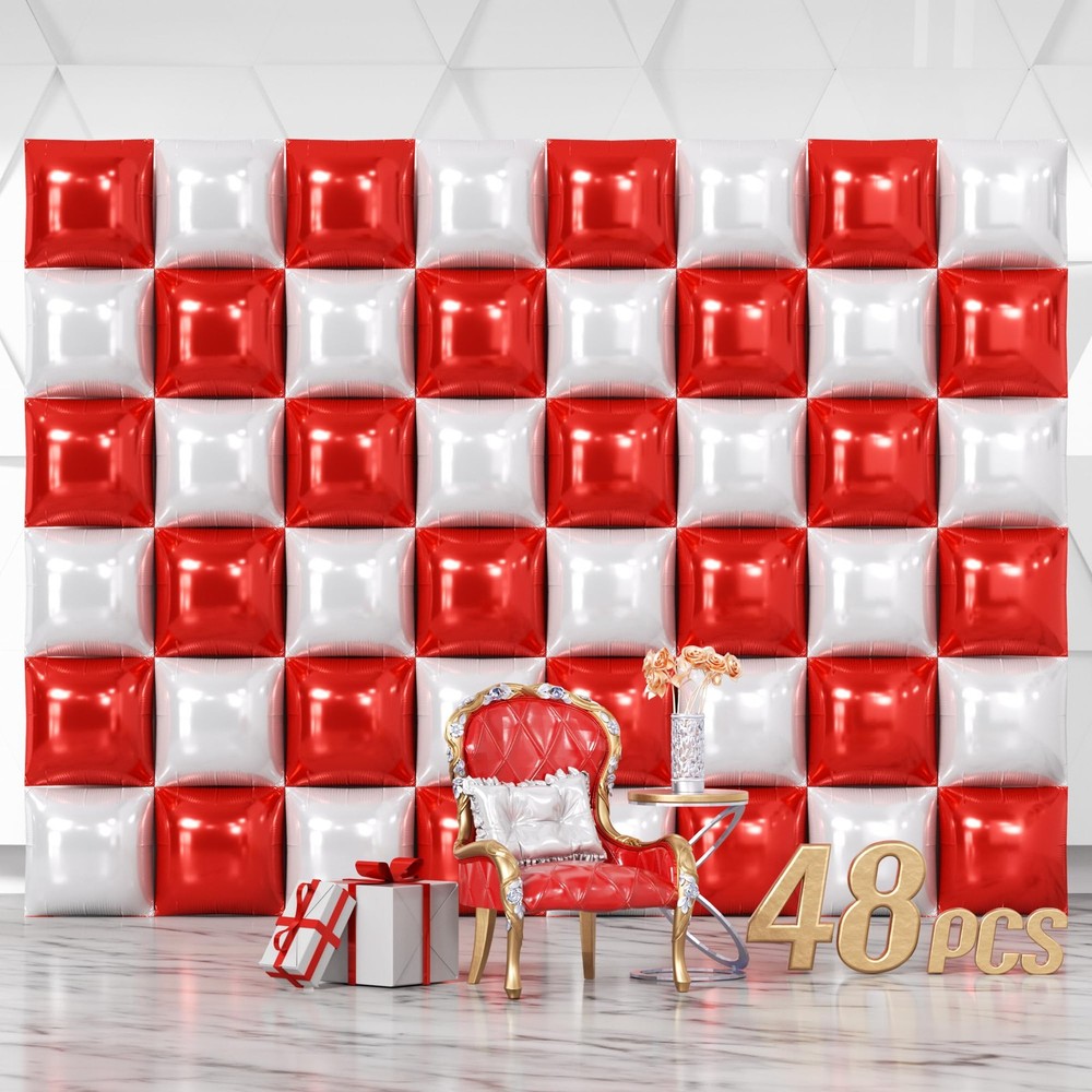 48PCS Red White Square Foil Balloons Wall Backdrop Double Sided Red Pearl Whi...
