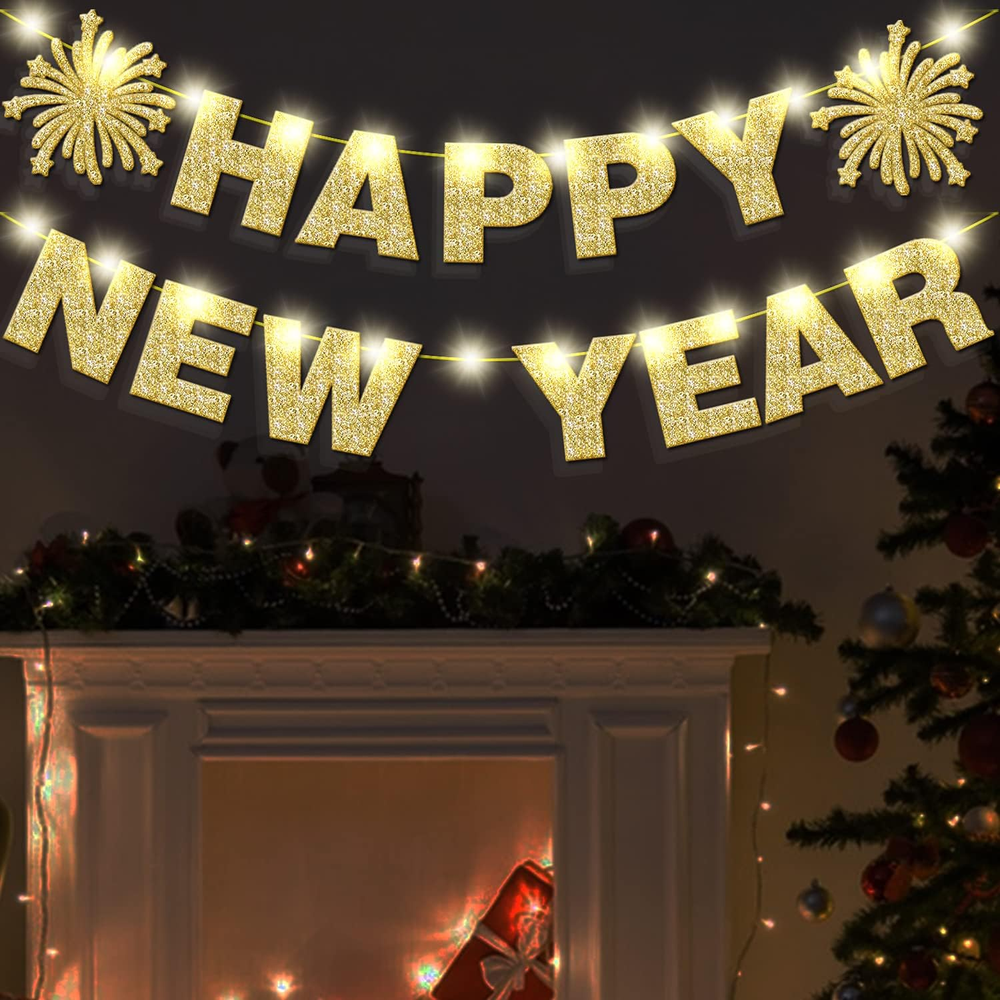 Light up Happy New Year Banner Gold Glitter for New Years Eve Party Decorations
