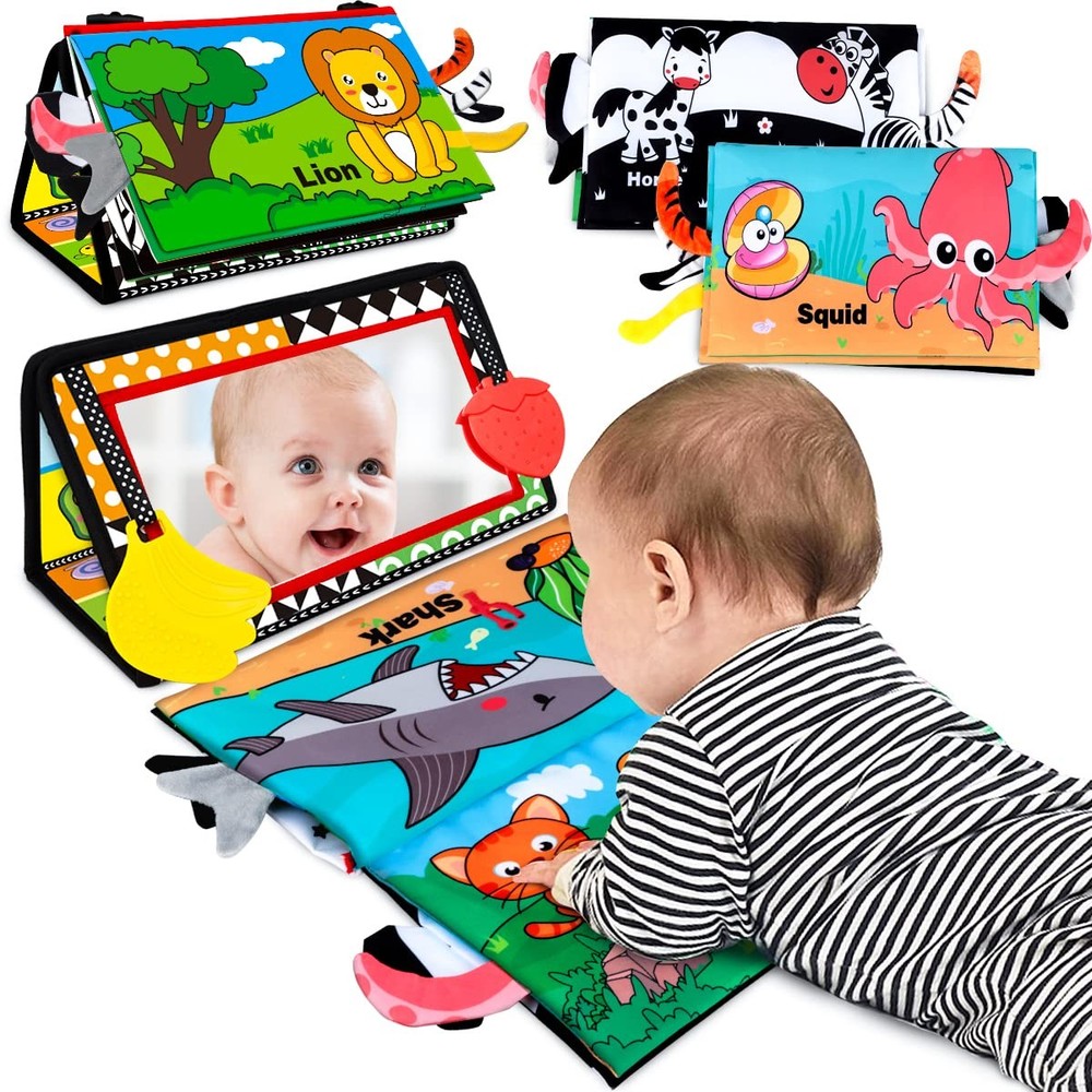 Baby Tummy Time Mirror Toy with Teether and Soft Cloth Book for 0-6 Months