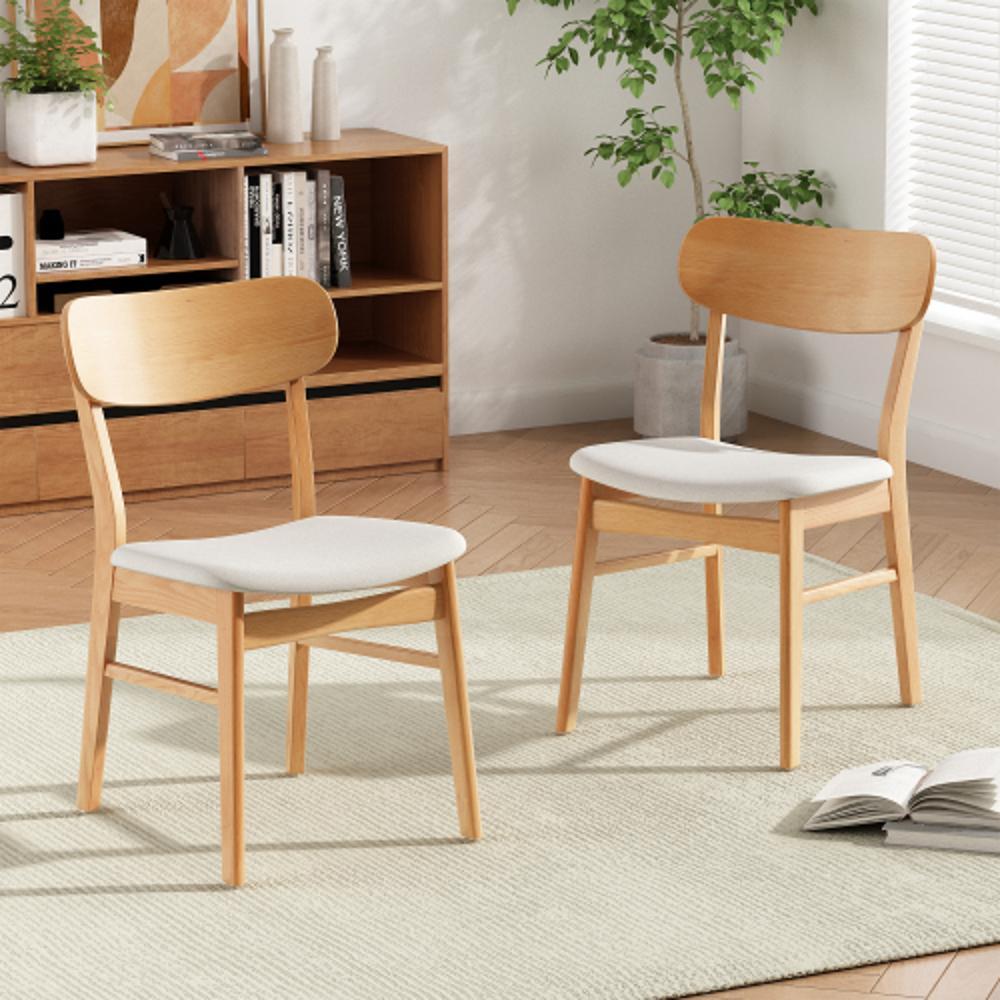Modern Light Beige Rubberwood Dining Chairs Set of 2 with Cushioned Seats