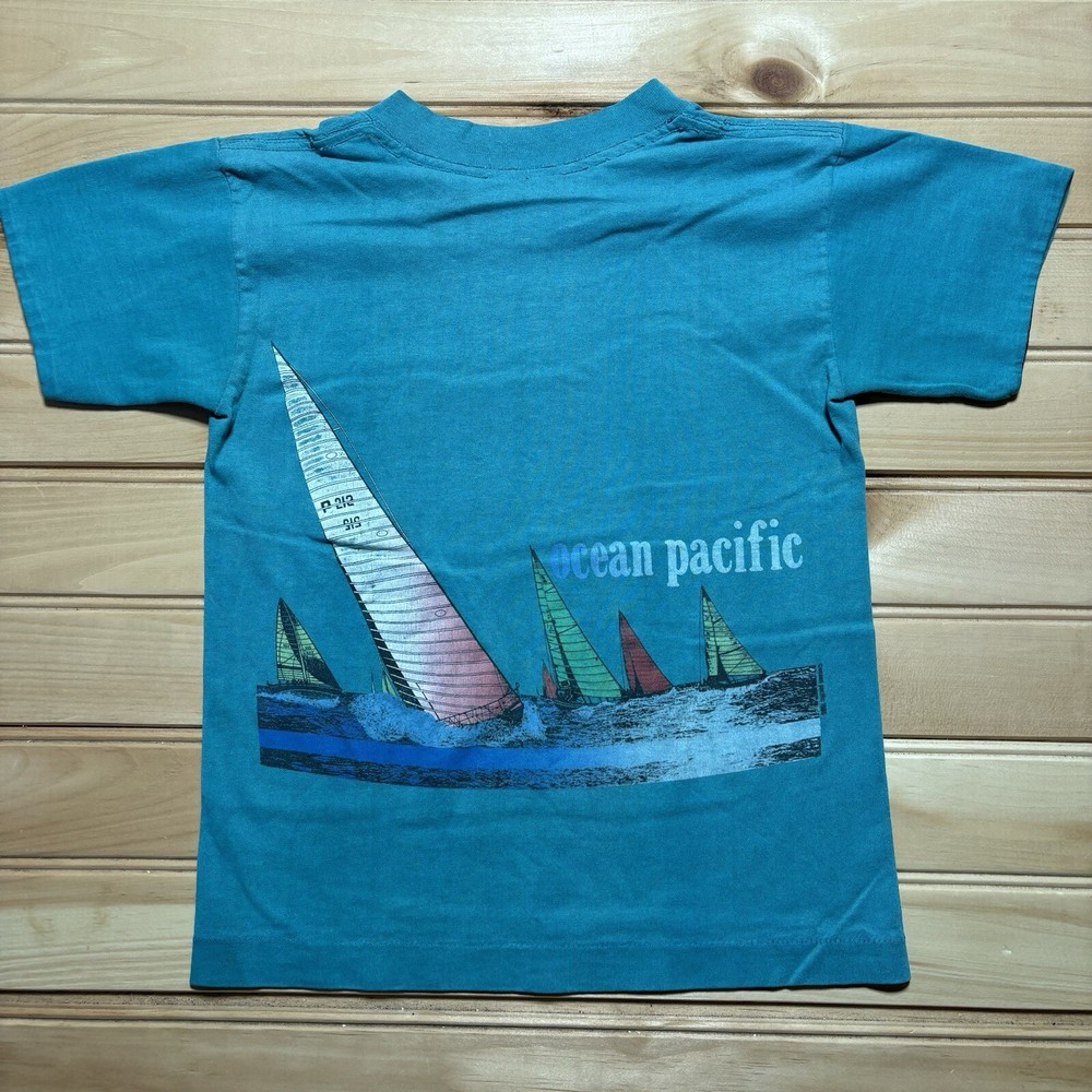 Vintage 80s Ocean Pacific OP Sailboat Waves Single Stitch Shirt Youth Size S/M