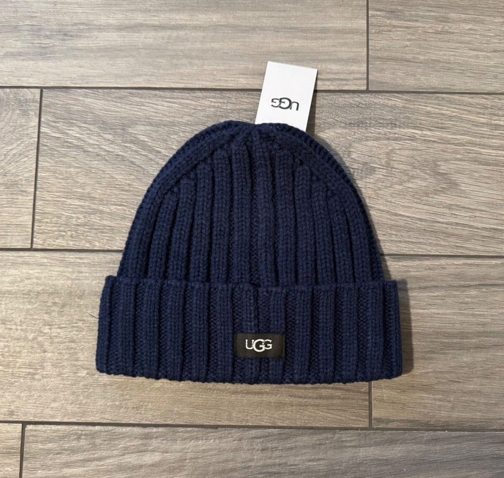 UGG Mens Navy Blue Ribbed Knit Cuffed Beanie One Size NWT $55