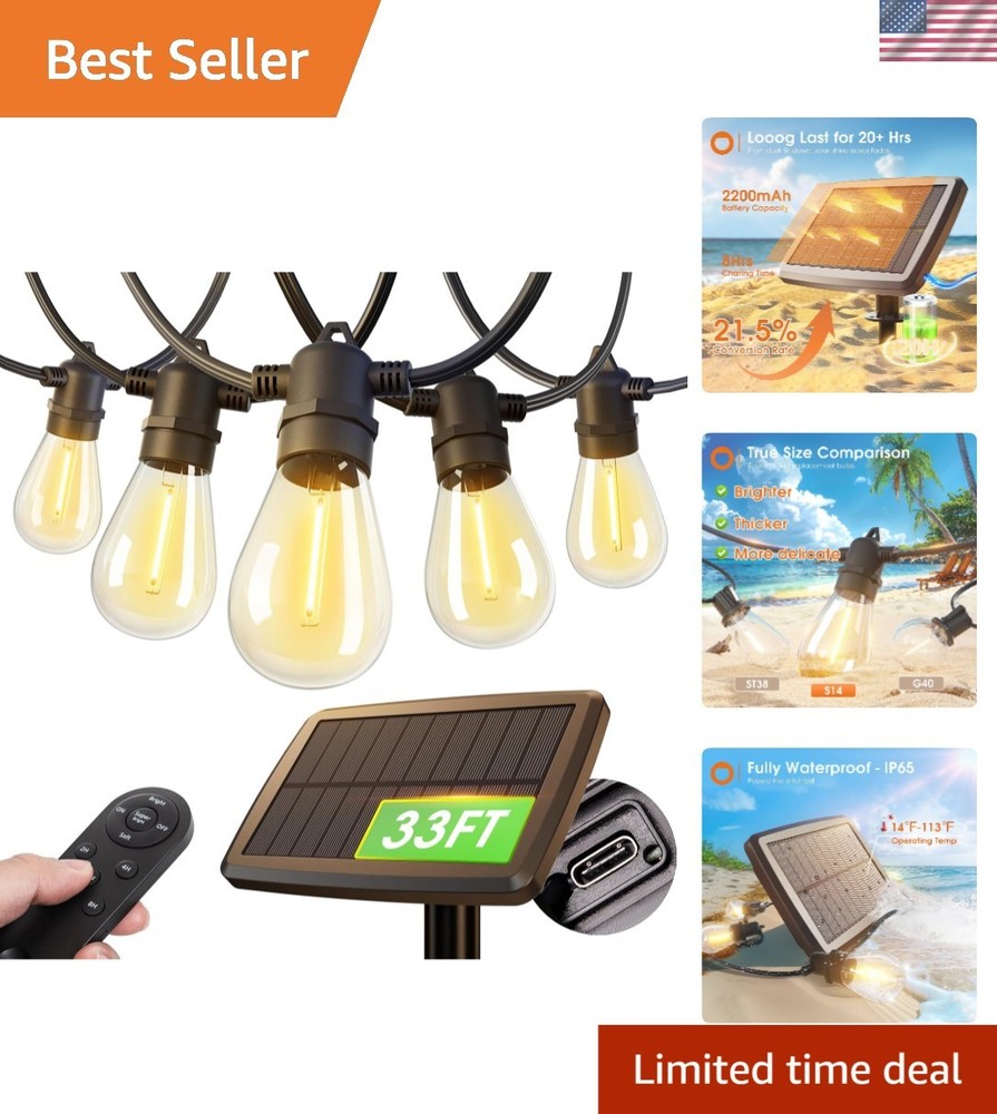 33FT Solar Patio Lights Dimmable Waterproof Outdoor String Lights with Remote  