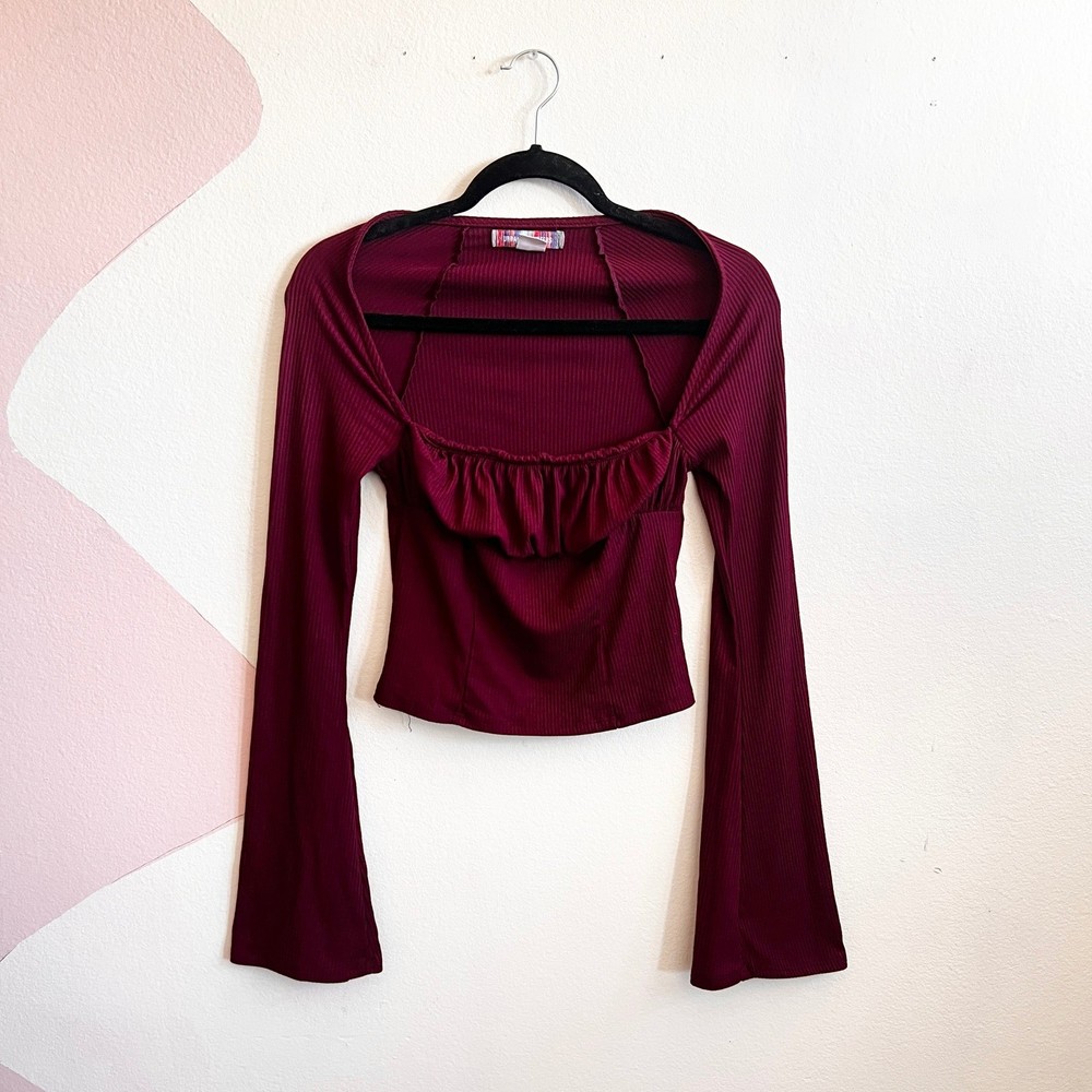 Burgundy Bell Sleeve Top Fairy Grunge Y2K 2000s Gothic Coquette Medium
