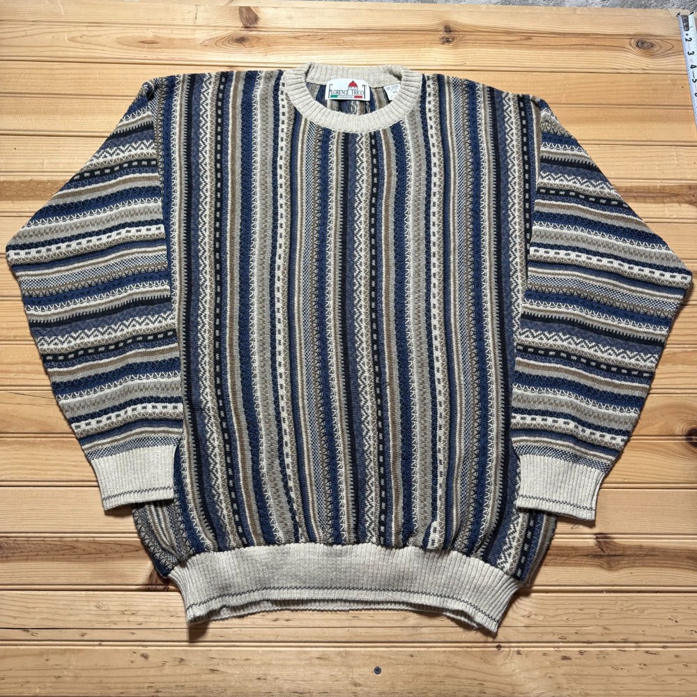 Vintage 90s Coogi Style Geometric Striped Knit Crewneck Pullover Sweater - XL