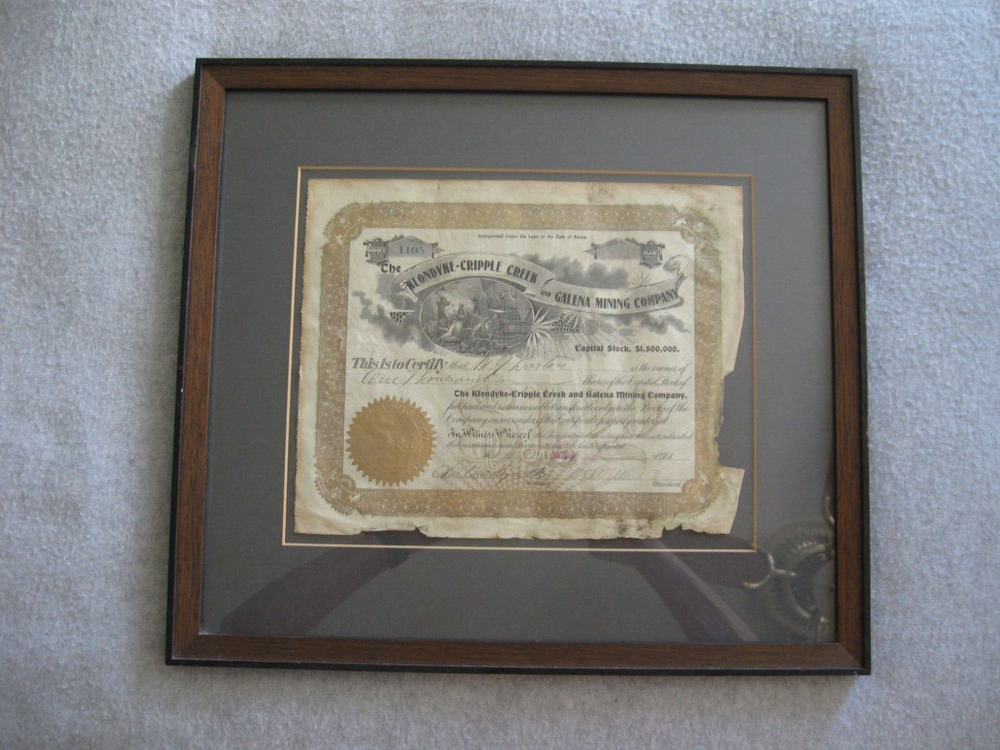 1890's Klondyke Cripple Creek & Galena Mining Company Stock Certificate-Kansas
