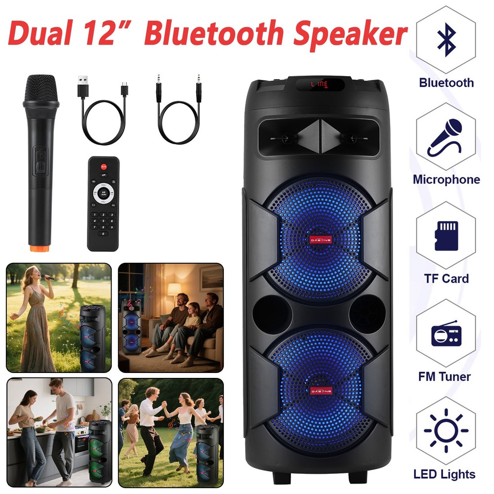 Dual 12 Inch Portable Bluetooth Speaker System with Wireless Mic AUX FM TF TWS