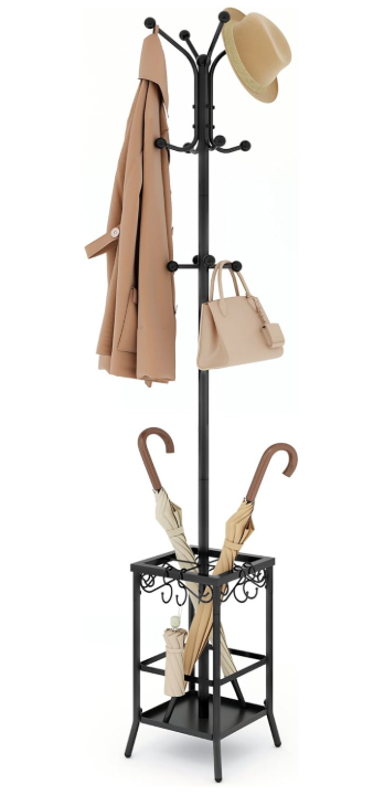 12-Hook Black Coat Rack Stand with Umbrella Holder for Entryway