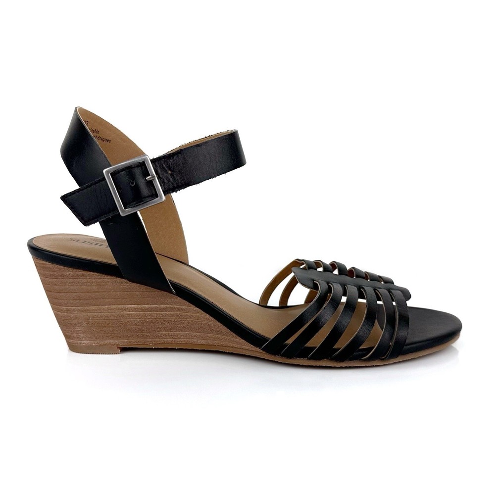 Susina Women's Terra Leather Wedge Sandals Black Size 9.5
