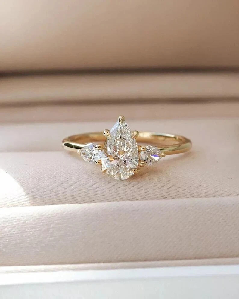 2Ct Pear Cut Natural Moissanite Women's Engagement  Ring 14k Yellow Gold Plated