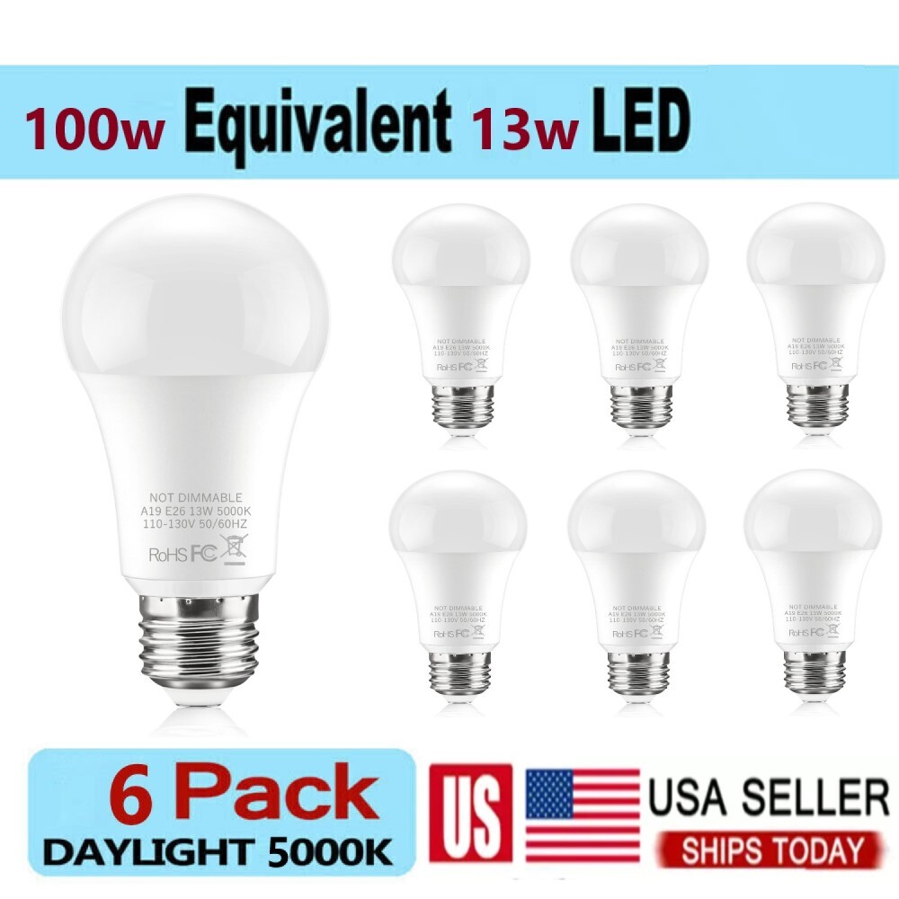 6 Pack LED Bulbs 13W 100W 120V A19 E26 NonDimmable 1250 LM 5000k Daylight White