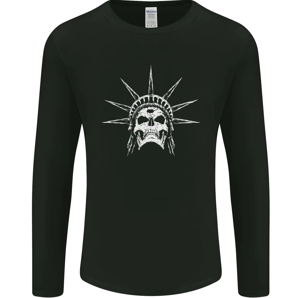 Gothic Biker Mens Statue of Liberty Skull Long Sleeve USA T-Shirt
