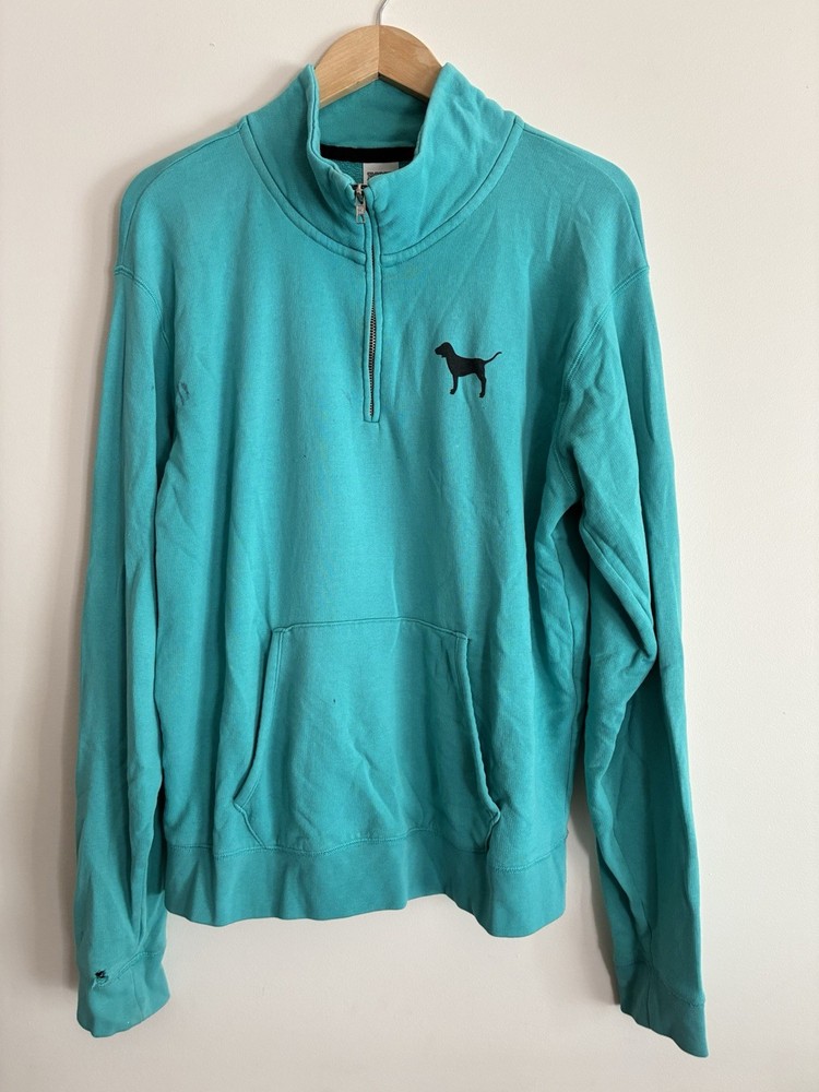 Pink Victoria's Secret Women's Dog Logo Cotton 1/4 Zip Mock Neck Pullover Aqua M
