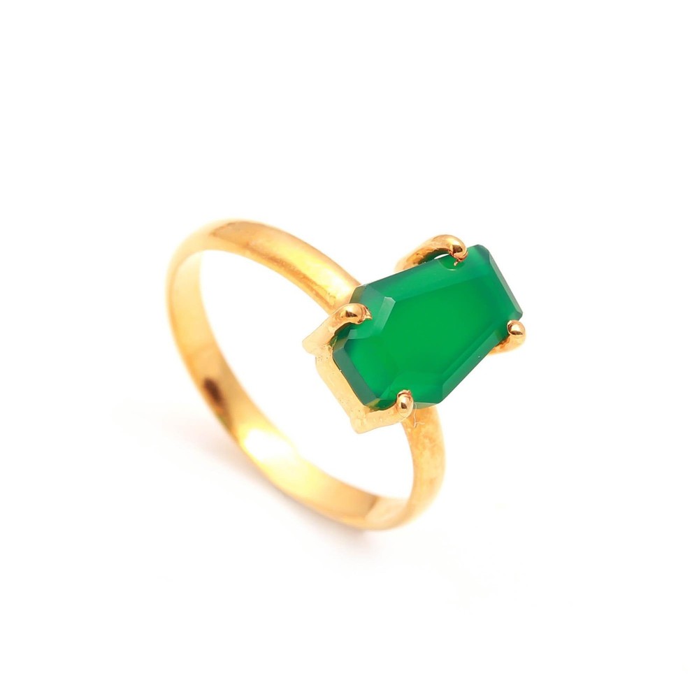 Natural Green Onyx Coffin Ring in 925 Sterling Silver Gold Plated for Lovers