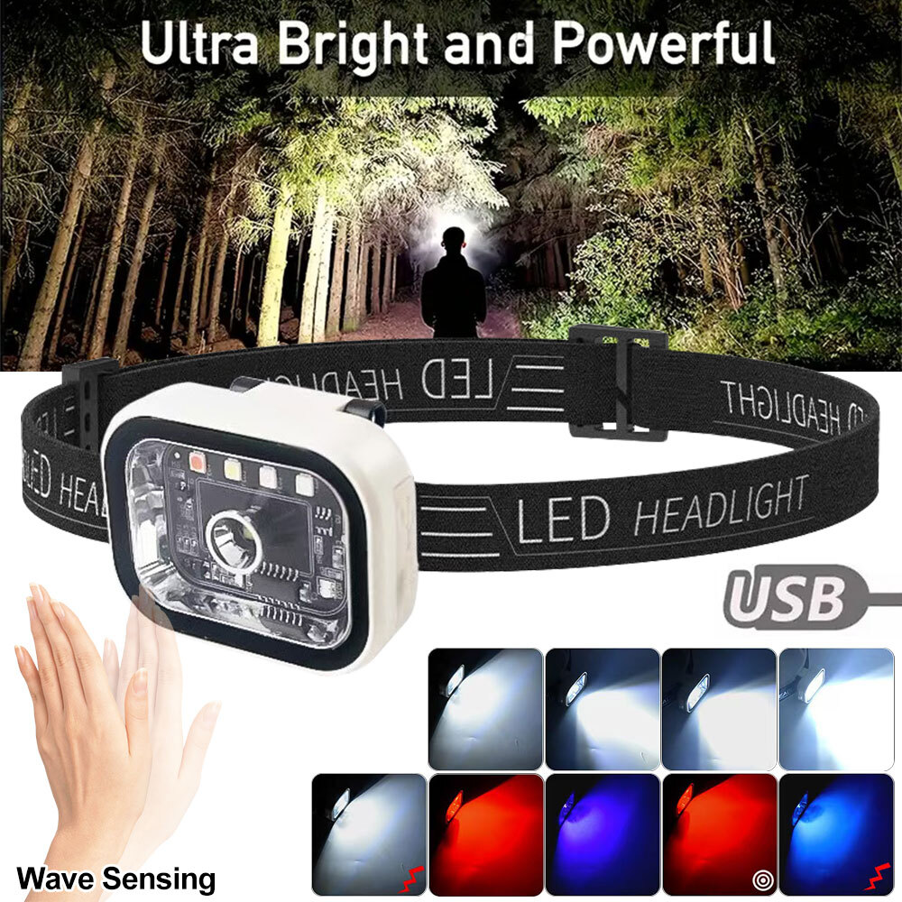 Super Bright LED Headlamp Sensor Head Torch Headlight USB Charging Red/Blue/UV