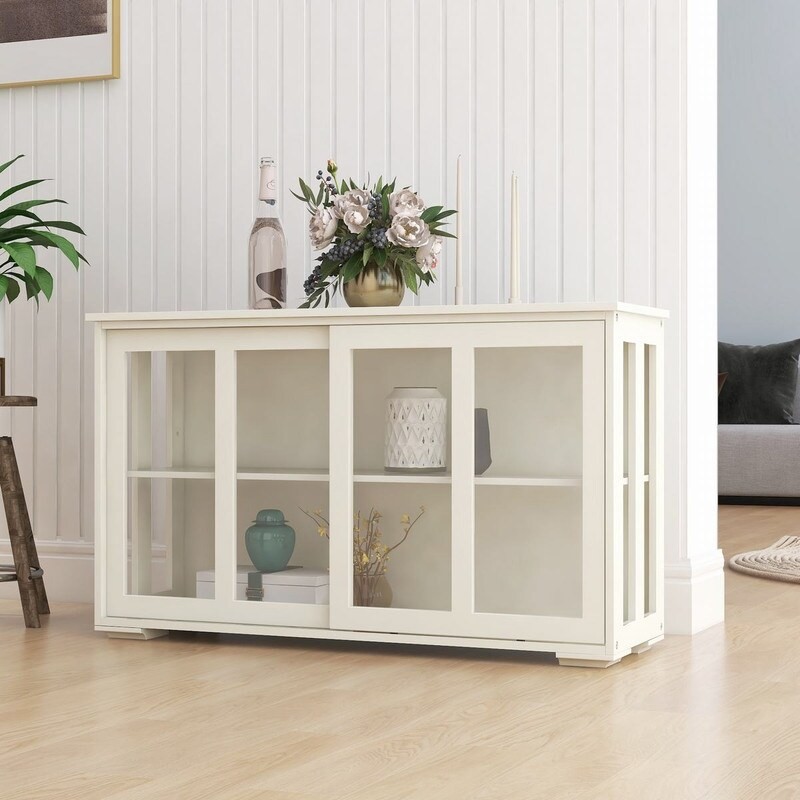 White Kitchen Storage Stand with Glass Door Cupboard  