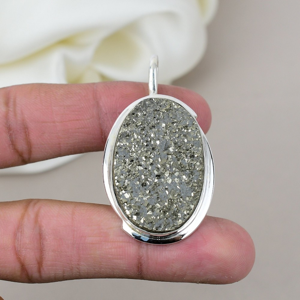 Genuine Pyrite Druzy Gemstone 925 Sterling Silver Top Quality Pendant Jewelry