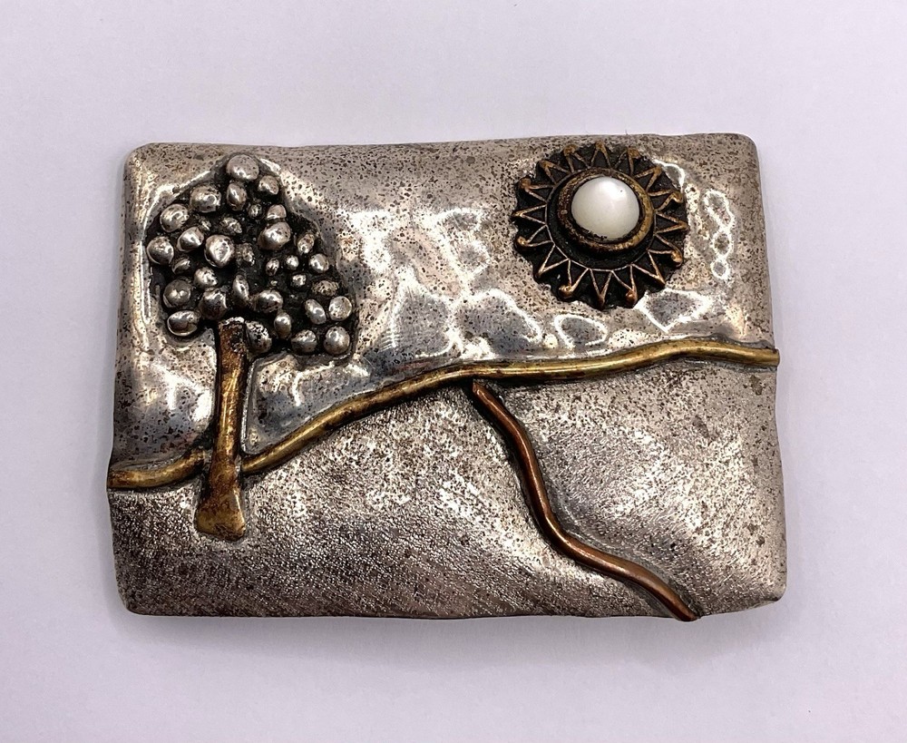 Vintage Abstract Landscape Tree Sun Sterling Silver Brooch Pin