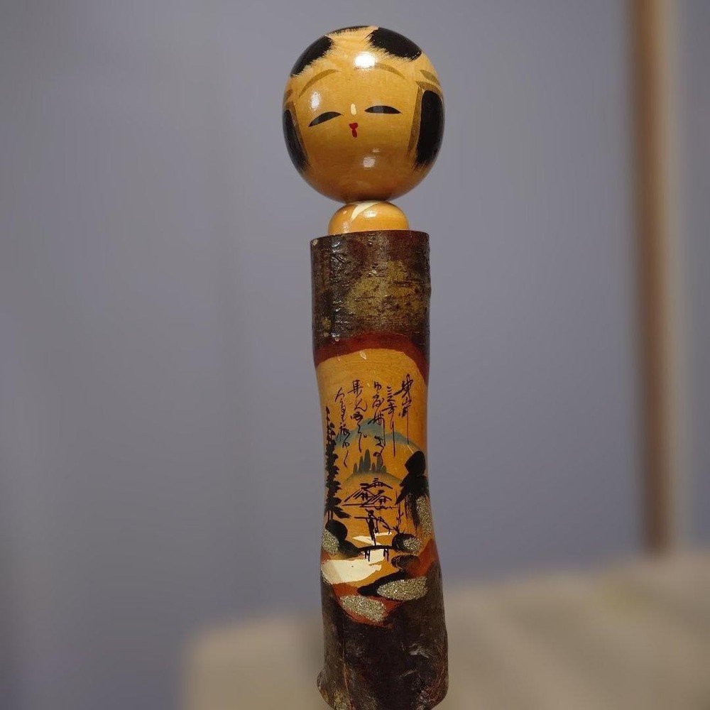 Giant Wooden Kokeshi Doll with Hand-Painted Landscape 44cm Natural Color