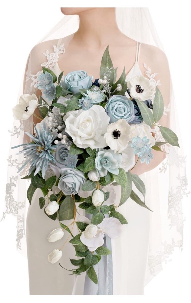 Ling's moment Dusty Blue Bridal Bouquet Cascading, Wedding Bouquets 15”