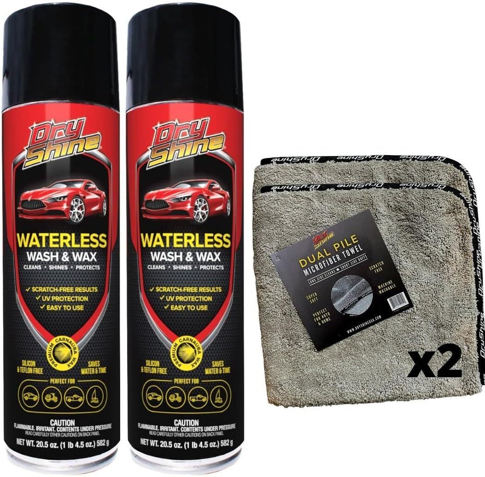 Dry Shine Waterless Car Wash Wax Kit 2 Pack with Microfiber Towels