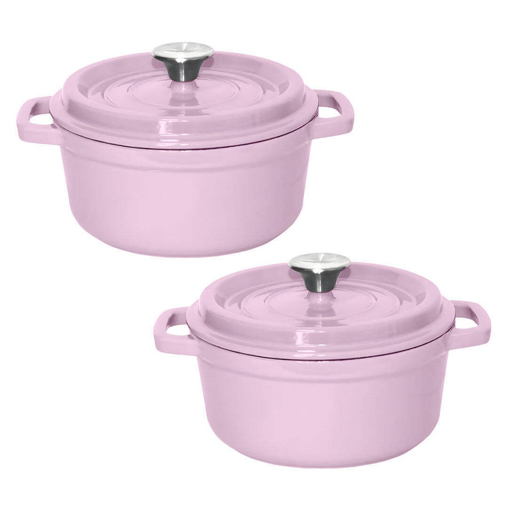 NNEAGS 2X 22cm Pink Cast Iron Ceramic Stewpot Casserole Stew Cooking Pot With Li
