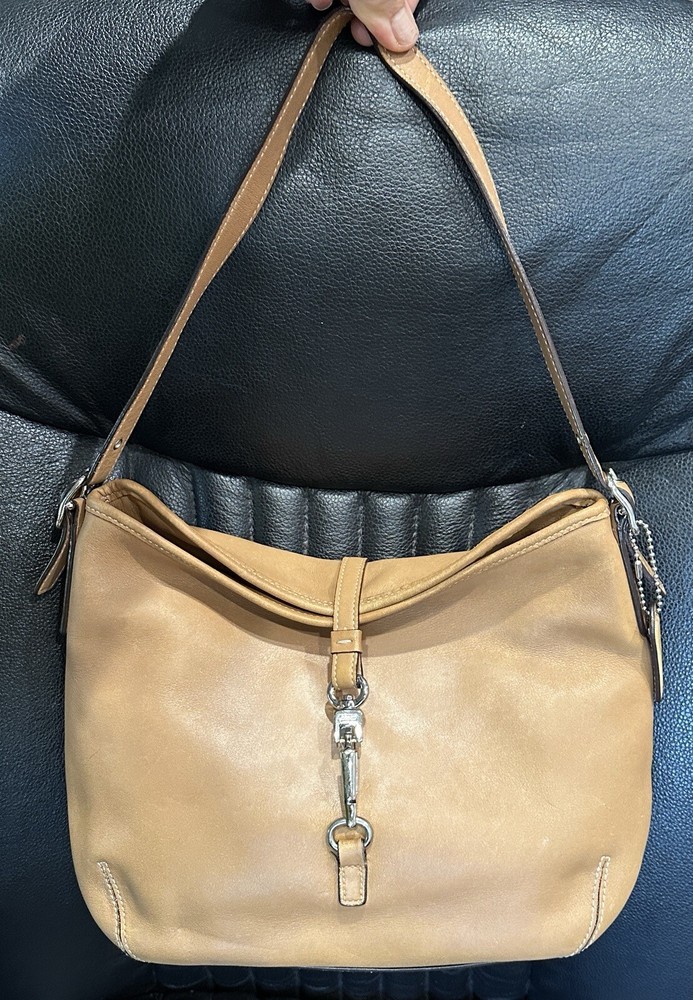COACH VTG HAMPTON Clip Camel Tan Smooth Leather Shoulder Hobo Bag A+ 46