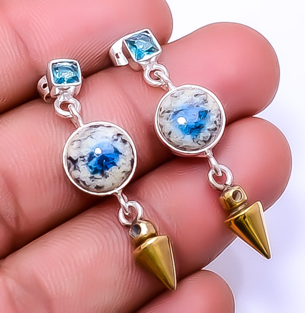 K2 Blue Azurite - Pakistan & Blue Topaz 925 Silver Two Tone Earring 1.50