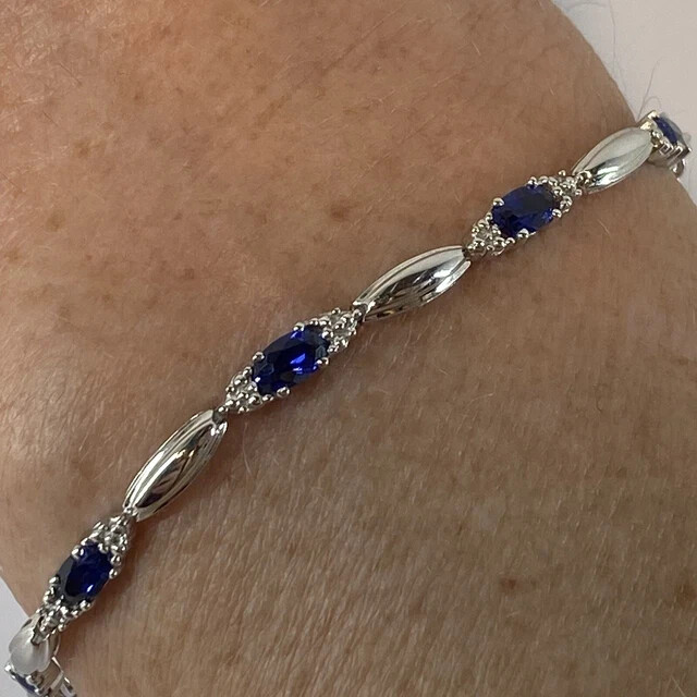 White Gold plated Blue Marquis Sapphire lab  created Tennis Bracelet