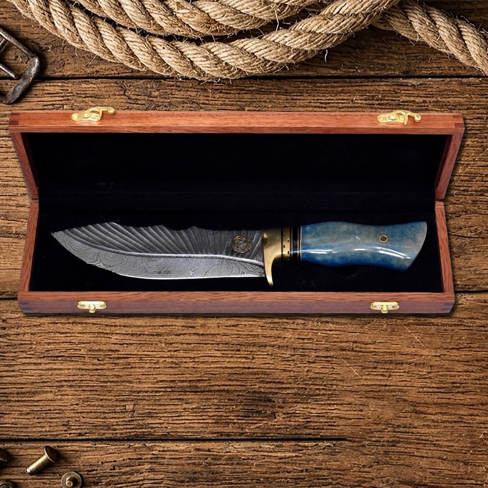 Handmade Damascus Steel Fixed Blade Hunting Knife Blue Stone Handle Made in USA