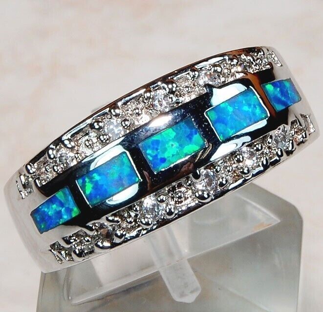 Australian Opal Inlay & White Topaz 925 Solid Sterling Silver Ring Sz 7 DT2
